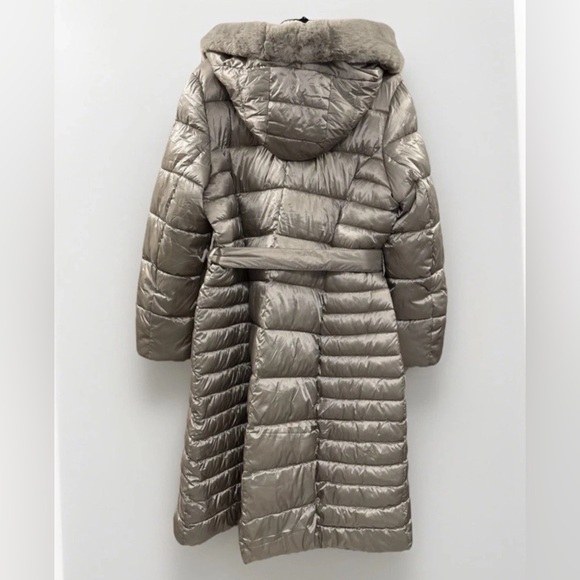 New Centigrade Champagne Gold XL Long Puffer Coat Faux Fur Hood Trim Belted - Picture 4 of 12